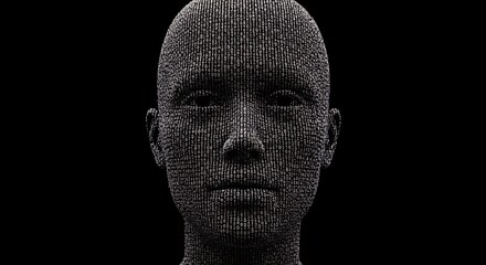 Digital Human Face Made of Binary Code on Black Background