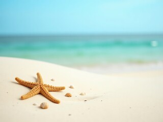 Starfish and Shells on Sandy Beach &ndash; Vertical Eye-Level Shot with Ocean Horizon and Soft Natural Light for a Peaceful Coastal Scene