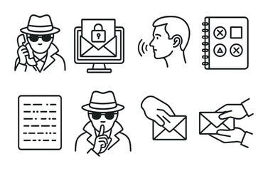 Covert communication icon set: silhouette style for secrecy and confidential themes