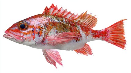 A vibrant red rockfish with its spiky dorsal fin and speckled body swims gracefully, showcasing its unique beauty against a plain white background.