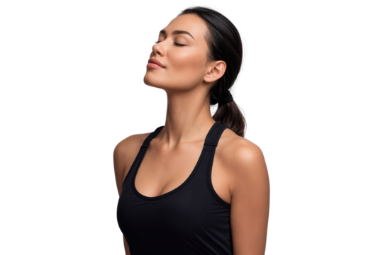Peaceful woman in a black tank top with eyes closed enjoying a deep breath, isolated on transparent background