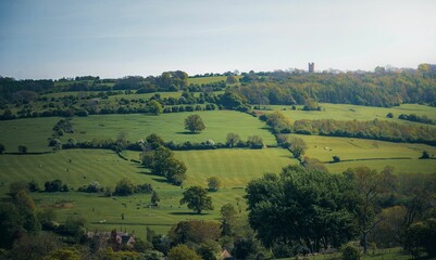 Scenic view of rolling hills and distant tower.