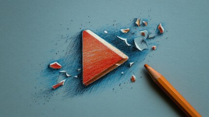 Broken Orange Triangle Shape With Colored Pencil on Light Blue Background and Shattered Pieces Around It