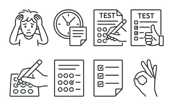 Student stress linear icon set. exam anxiety and academic pressure symbols