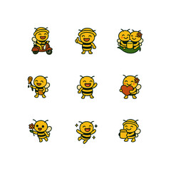Cute Cartoon Bees Set with Various Activities. This whimsical illustration features a collection of adorable cartoon bees in various cheerful poses, each showcasing a different activity like 