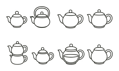 Tea and teapot linear icon set. drinkware and kettle symbols