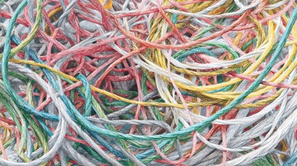 Colorful Tangle of Threads and Strings in Various Shades of Red, Green, Blue, Yellow, and White for Abstract Background Art