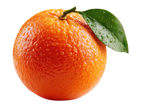 Vitamin C Burst: A close-up shot of a vibrant orange, glistening with droplets, adorned with a fresh green leaf, capturing the essence of freshness and vitality.