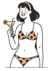 Vintage cartoon woman enjoying beach drink, minimal vector style.