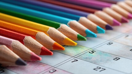 Colorful Crayons Arranged Neatly on a Calendar Page with Vibrant Hues and Soft Textures
