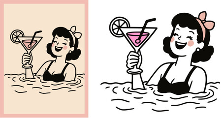 Retro woman relaxing in water with a cocktail in hand, vintage style illustration set