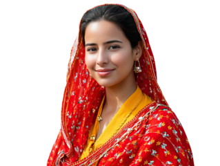 A Radiant Portrait: A beautiful woman, adorned in a vibrant traditional garment with a bright smile, embodies the essence of grace, serenity, and cultural richness.