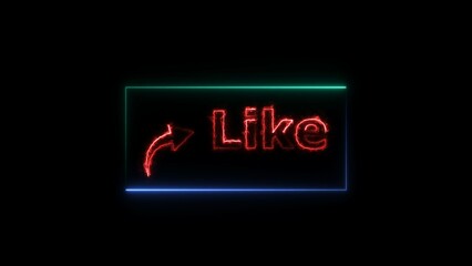 Like button neon bright red color 4k illustration. Abstract rectangle frame like icon 4k illustration on black background. 