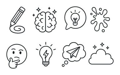 Creative thought linear icon set. brainstorming and idea generation symbols