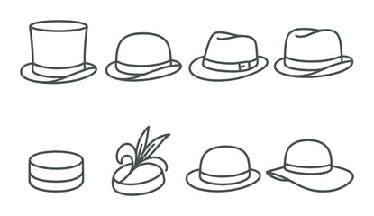 Elegant hat icon set in linear style. classic headwear and fashion outline symbols