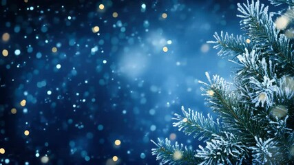 Winter Wonderland: A frosted pine branch laden with snow sparkles against a deep blue, bokeh-filled backdrop, evoking the magic of a winter night.