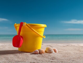 Summer beach scene featuring a yellow bucket filled with sand, perfect for building sandcastles. Beach toys and natural seashells in the background.