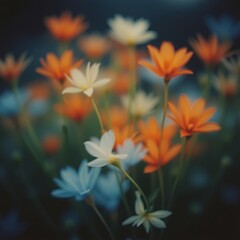 Fototapeta premium Close-Up of Colorful Flowers with Bokeh – Orange, White, and Blue Petals Against a Dark Blurred Background with Soft Diffused Light