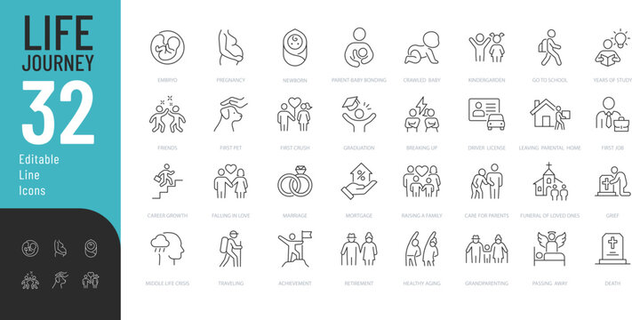 Life Journey Line Editable Icons set. Vector illustration in modern thin line style of significant life stages icons: birth, school time, elderly, and more. Isolated on transparent background.