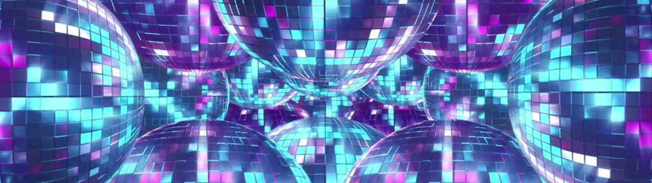 Rotating disco balls with vibrant reflections and curved surfaces in a retro vibe. Ideal for party, events  and VJ visuals. Ultra Wide background. 