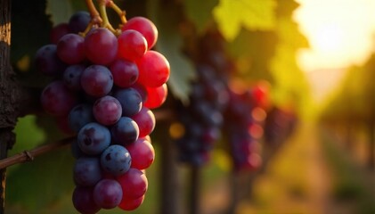 A close-up shot of ripe, sun-drenched grapes hanging on the vine, ready for harvest by a skilled winemaker The image evokes the essence of winemaking, from vine to bottle , organic, grapes