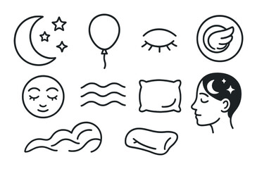 Dream and relaxation icon set in linear style. sleep and calmness symbols