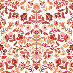Seamless vector pattern with bright abstract flowers in folk art style on a clean white background. Colorful and decorative design perfect for textiles, wrapping paper, wallpaper, and crafts.