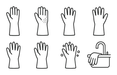 Cleaning gloves silhouette icon set. safety and hygiene symbols for sanitation