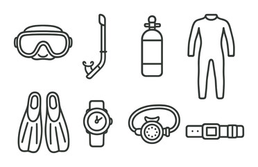 Scuba diving gear icon set in linear style. equipment and underwater symbols