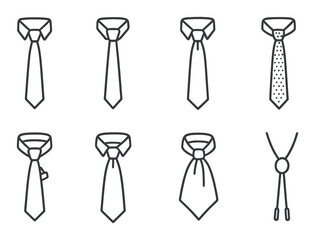 Necktie linear icon set. tie designs and formal fashion symbols