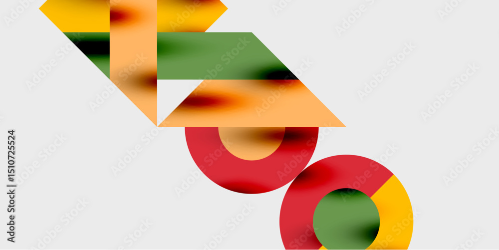 Poster abstract composition features overlapping geometric shapes. colors include yellow, red, green, orang