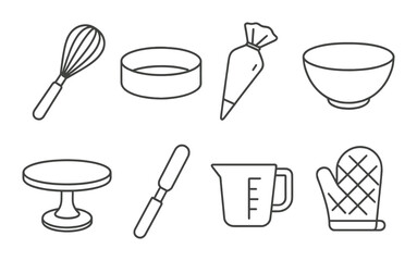 Cake baking essentials icon set in linear style. pastry and dessert prep tools