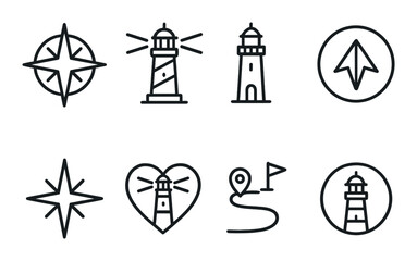 Lighthouse navigation icon set in silhouette style. maritime and compass symbols