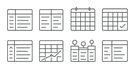 Interface tables icon set: sleek linear design for database and organization needs
