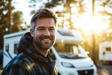 Handsome adult man Caucasian ethnicity on background of RV camping in forest