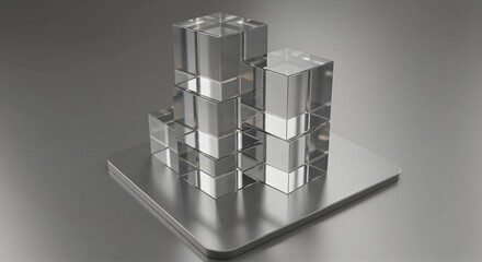 Stacked clear cubes bending prismatic reflections onto a brushed silver base, illuminated with side light for crisp detail.