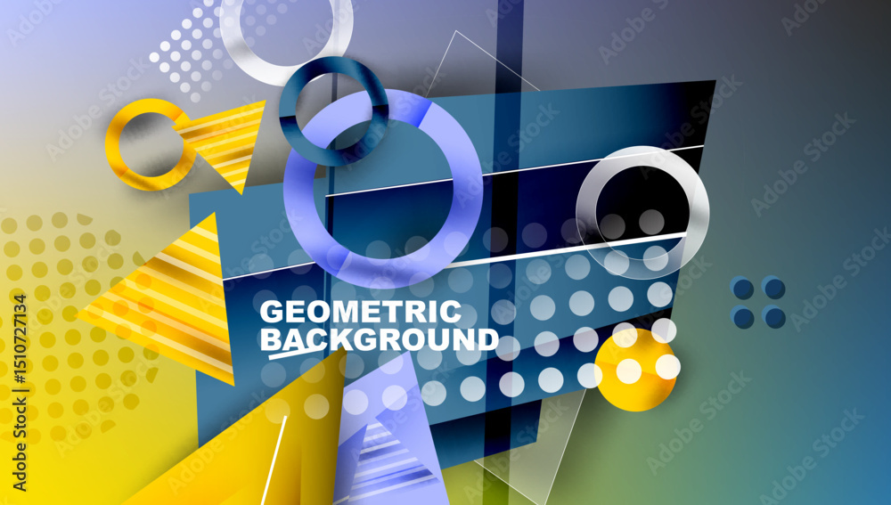 Poster Abstract geometric composition. Overlapping shapes create dynamic visual effect. Blue, yellow, silver tones dominate design. Modern aesthetic.