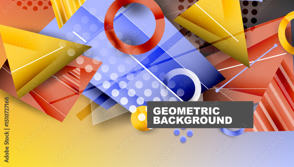 Poster Abstract geometric shapes overlap, creating vibrant colorful background. Design features triangles, circles, rectangles, lines.