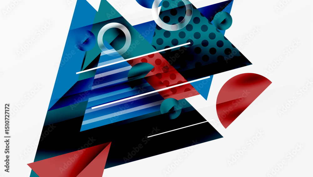 Poster Abstract geometric composition. Blue, red, teal shapes overlap. Lines create dynamic visual interest. Modern design elements present.