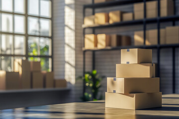 A stack of cardboard boxes on the table in workshop of small business