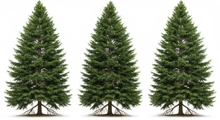 Obraz premium Three lush green coniferous trees with visible roots on a plain white background, perfect for nature-themed designs