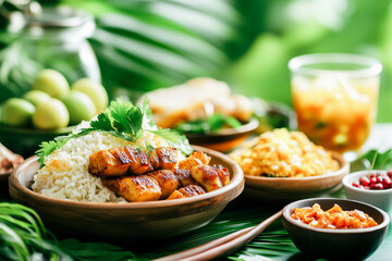 Rice and grilled chicken meat in plate on background of green tropical leaves