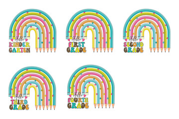 Hello Kindergarten to Fourth Grade Rainbow Pencil Design Bundle – Colorful Back to School Grade Level Sublimation, Cute Hand Drawn Rainbow with Pencils and First Day of School Printable Clipart Set © Boo