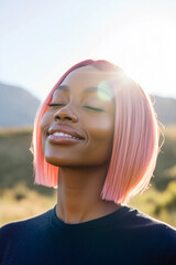 Serene young Black woman enjoying peaceful weekend outdoors in nature
