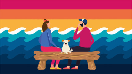 Couple sitting on bench with dog by ocean waves