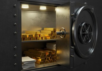 Open Safe with Gold Bars and Documents