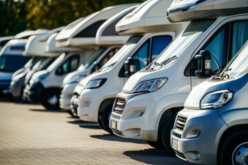 Motorhomes and camper vans parked at outdoor car dealership lot