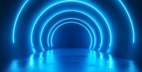Naklejka premium Abstract tunnel, corridor with rays of light and new highlights. Abstract blue background, neon. Scene with rays and lines, Round arch, light in motion, night view.