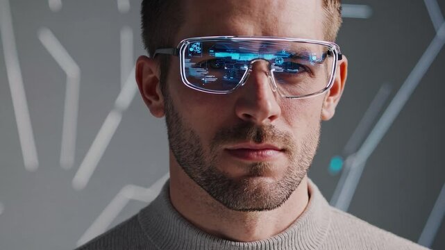 Serious businessman wearing futuristic augmented reality glasses analyzing holographic data projection, concept of virtual reality, metaverse and innovative technology - Powered by Adobe