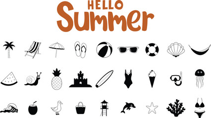 Cartoon set of summer holiday beach elements. Hello summer lettering vector illustration on transparent background